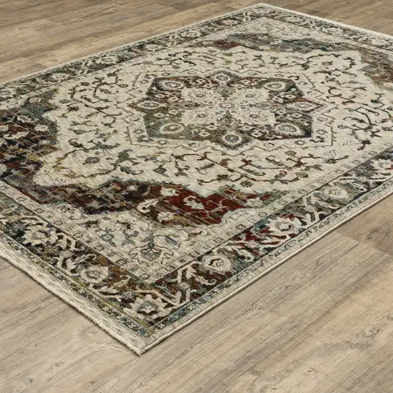 Ivory Brown And Red Medallion Area Rug With Fringe Photo 4