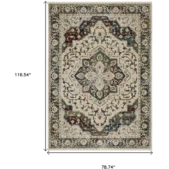 Ivory Brown And Red Medallion Area Rug With Fringe Photo 3