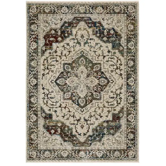 Ivory Brown And Red Medallion Area Rug With Fringe Photo 2