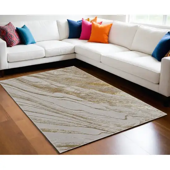 Ivory Brown and Gold Abstract Power Loom Area Rug Photo 2