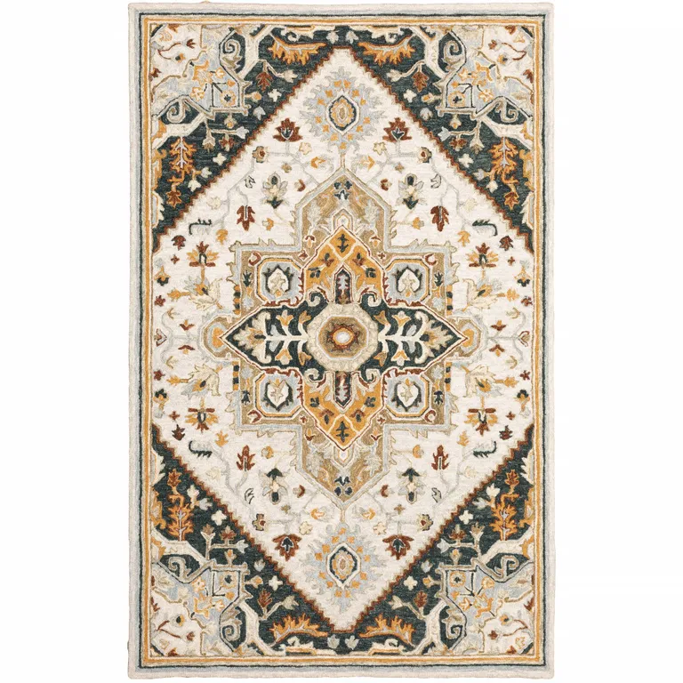 Ivory Charcoal Gold Clay And Muted Blue Oriental Tufted Handmade Stain Resistant Area Rug Photo 1