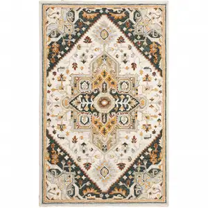 Photo of Ivory Charcoal Gold Clay And Muted Blue Oriental Tufted Handmade Stain Resistant Area Rug