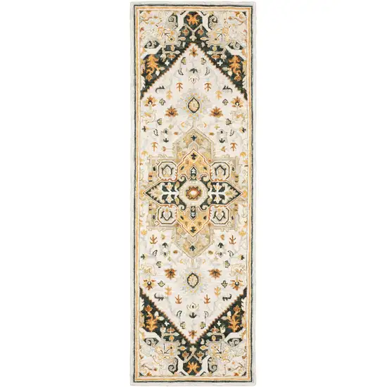 Ivory Charcoal Gold Clay And Muted Blue Oriental Tufted Handmade Stain Resistant Runner Rug Photo 1