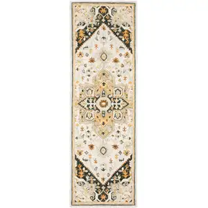 Photo of Ivory Charcoal Gold Clay And Muted Blue Oriental Tufted Handmade Stain Resistant Runner Rug