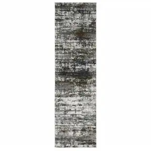 Photo of Ivory Charcoal Grey Blue Rust And Brown Abstract Power Loom Stain Resistant Runner Rug