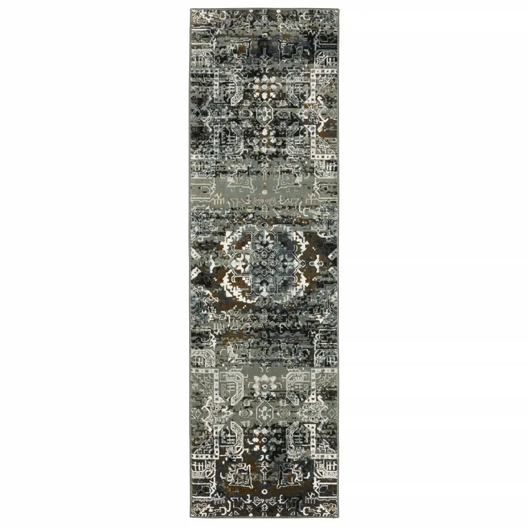 Ivory Charcoal Grey Blue Rust Gold And Brown Oriental Power Loom Stain Resistant Runner Rug Photo 1