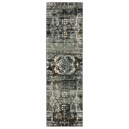 Ivory Charcoal Grey Blue Rust Gold And Brown Oriental Power Loom Stain Resistant Runner Rug Photo 1