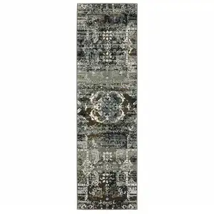 Photo of Ivory Charcoal Grey Blue Rust Gold And Brown Oriental Power Loom Stain Resistant Runner Rug