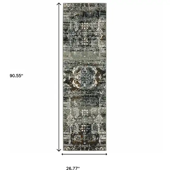 Ivory Charcoal Grey Blue Rust Gold And Brown Oriental Power Loom Stain Resistant Runner Rug Photo 4