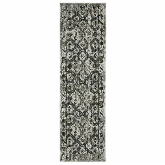 Ivory Charcoal Grey Blue Rust Gold And Brown Oriental Power Loom Stain Resistant Runner Rug Photo 1