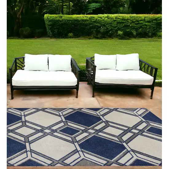 Ivory and Blue Geometric Indoor Outdoor Area Rug Photo 1