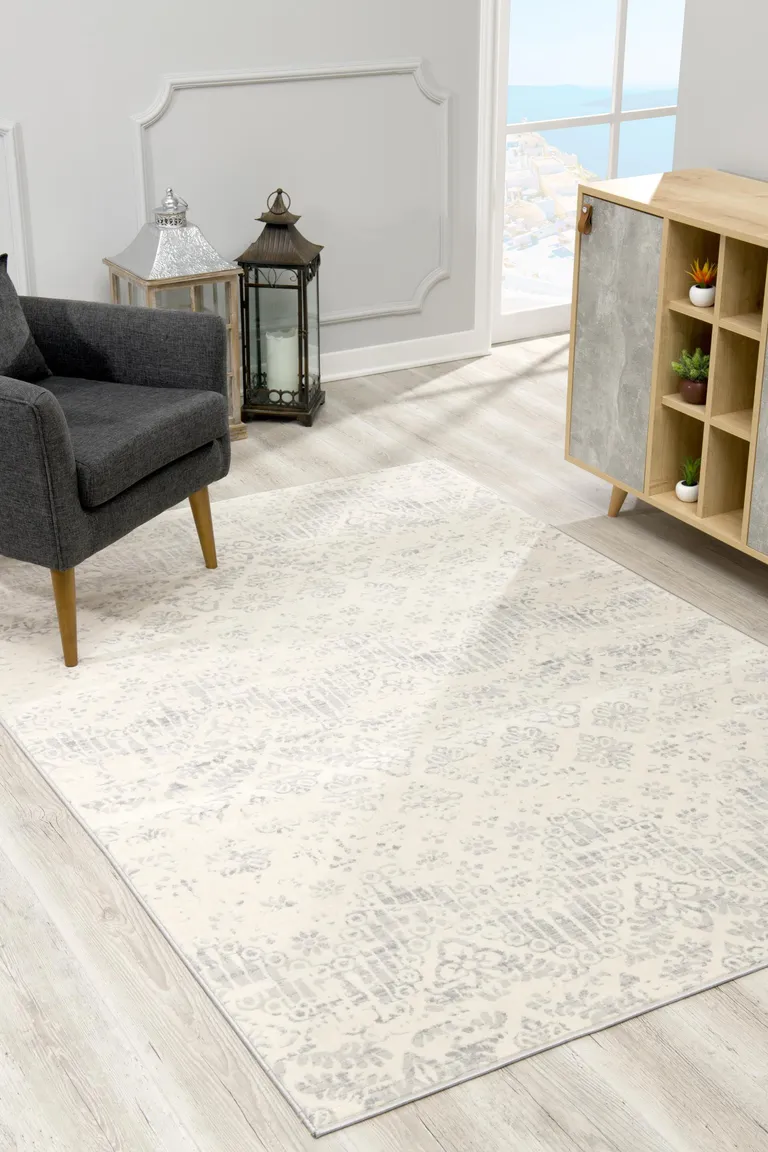 Ivory Distressed Ikat Pattern Area Rug Photo 5