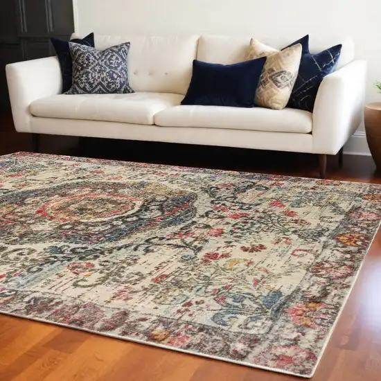 Ivory Distressed Medallion Area Rug Photo 1