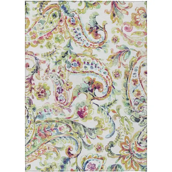 Ivory Fern Green And Artichoke Green Paisley Washable Indoor Outdoor Area Rug Photo 2