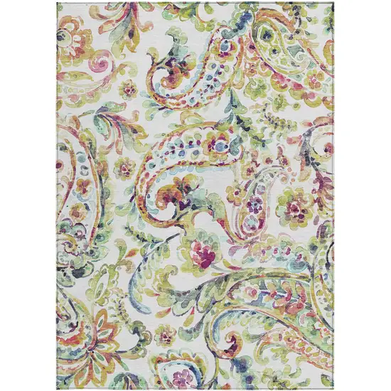 Ivory Fern Green And Artichoke Green Paisley Washable Indoor Outdoor Area Rug Photo 7