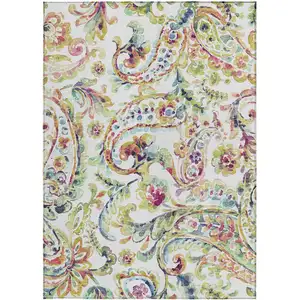 Photo of Ivory Fern Green And Artichoke Green Paisley Washable Indoor Outdoor Area Rug