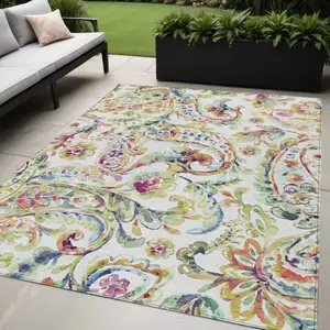 Photo of Ivory Fern Green And Artichoke Green Paisley Washable Indoor Outdoor Area Rug