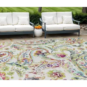 Photo of Ivory Fern Green And Artichoke Green Paisley Washable Indoor Outdoor Area Rug