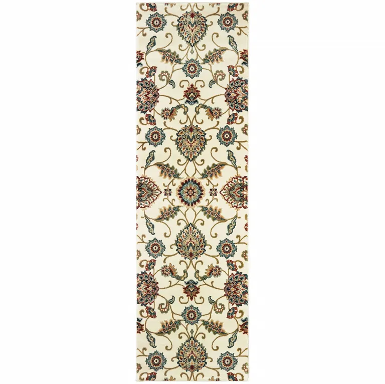 Ivory Floral Power Loom Stain Resistant Runner Rug Photo 1