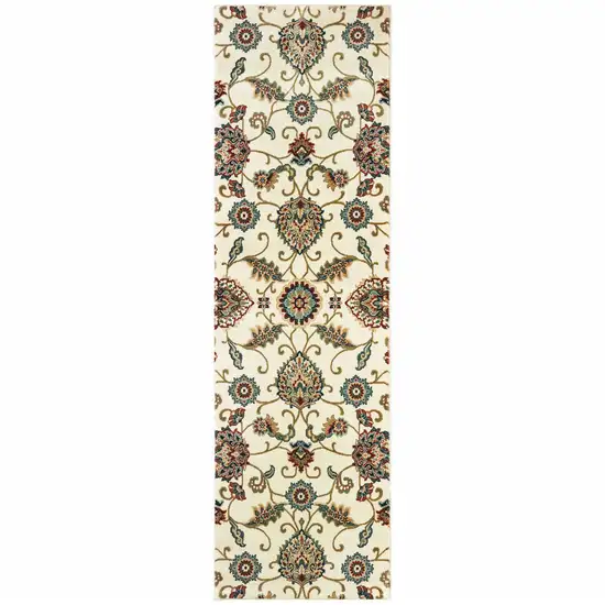 Ivory Floral Power Loom Stain Resistant Runner Rug Photo 1