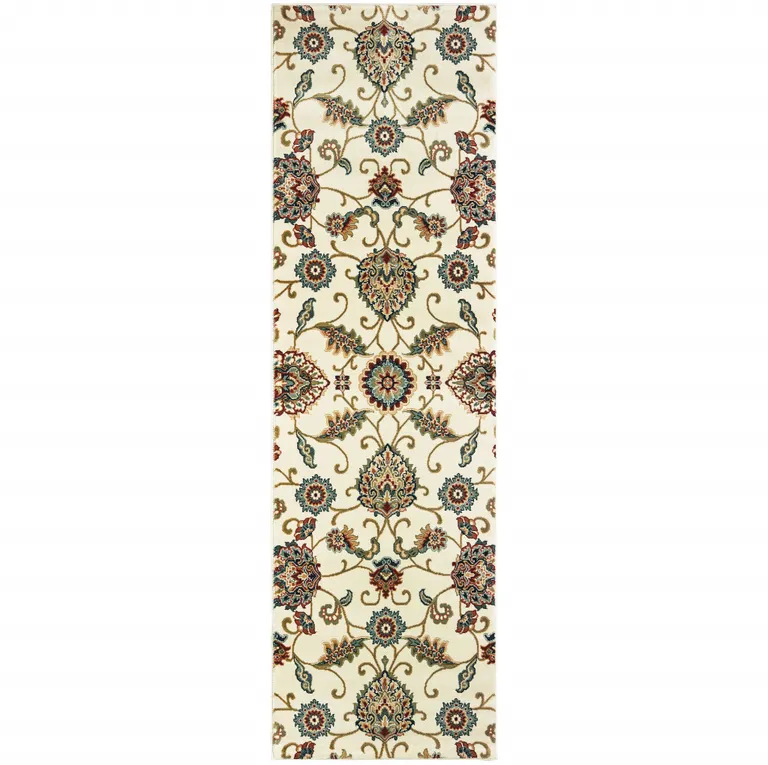 Ivory Floral Power Loom Stain Resistant Runner Rug Photo 4