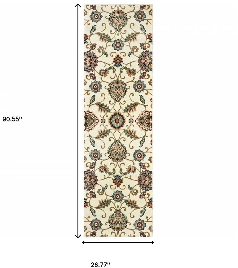 Ivory Floral Power Loom Stain Resistant Runner Rug Photo 3