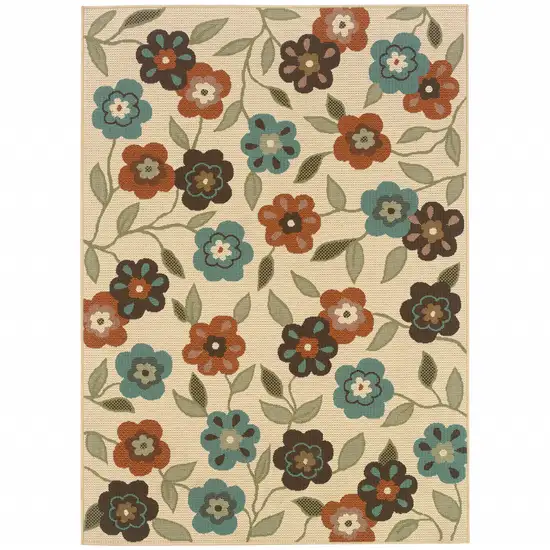 Ivory Floral Stain Resistant Indoor Outdoor Area Rug Photo 1