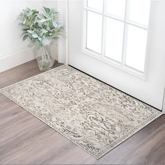 Ivory Floral Vines Distressed Area Rug Photo 1