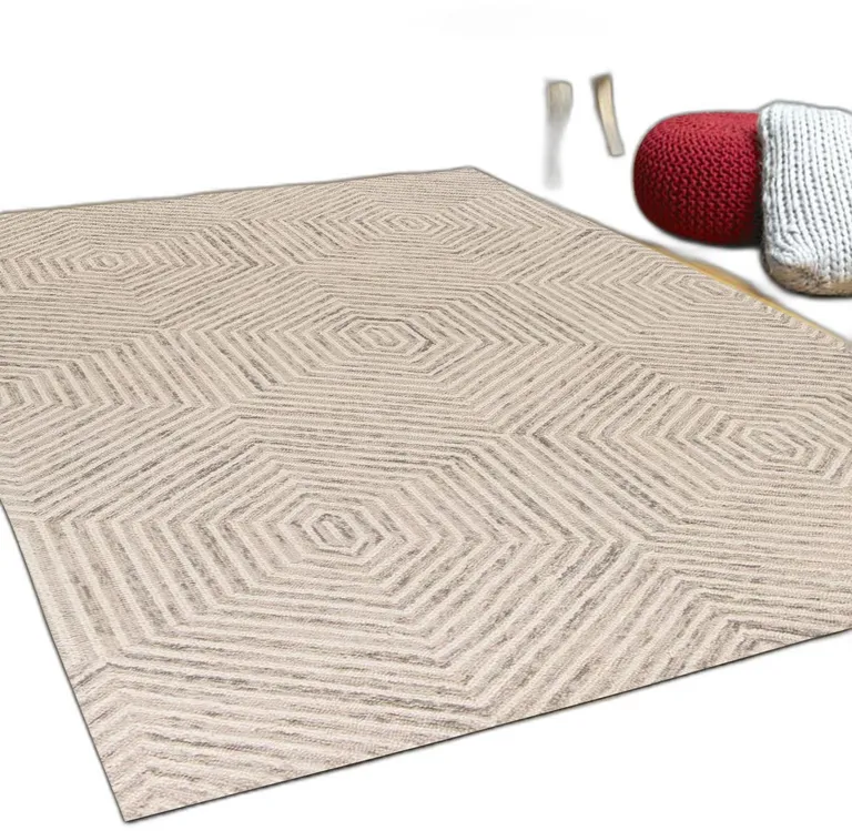 Ivory Geometric Hexagon Wool Area Rug Photo 4