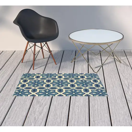 Ivory Geometric Stain Resistant Indoor Outdoor Area Rug Photo 2