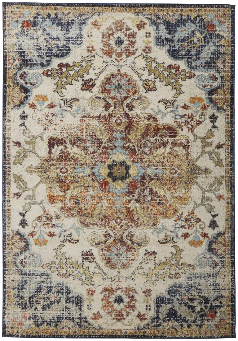 Ivory Gold And Blue Floral Stain Resistant Area Rug Photo 1