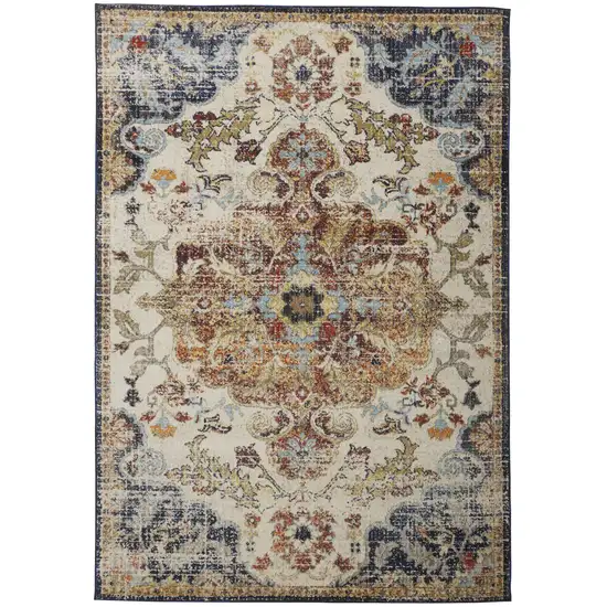 Ivory Gold And Blue Floral Stain Resistant Area Rug Photo 1