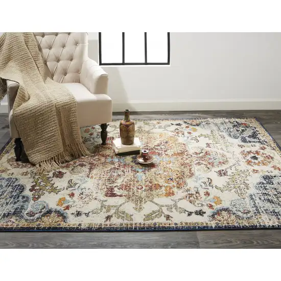 Ivory Gold And Blue Floral Stain Resistant Area Rug Photo 6