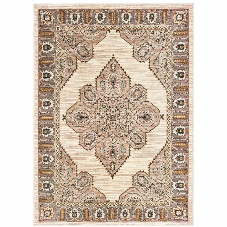 Ivory Gold Grey And Blue Oriental Power Loom Stain Resistant Area Rug Photo 1