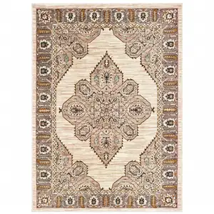 Photo of Ivory Gold Grey And Blue Oriental Power Loom Stain Resistant Area Rug