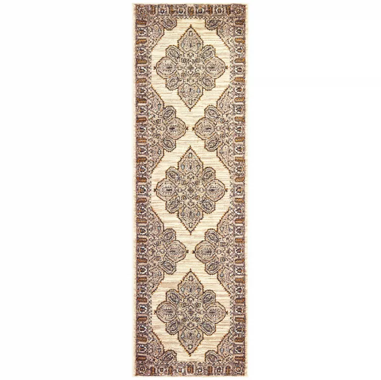 Ivory Gold Grey And Blue Oriental Power Loom Stain Resistant Runner Rug Photo 1