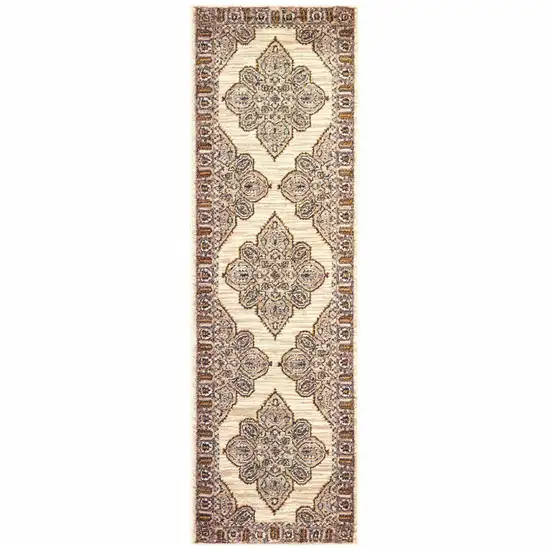 Ivory Gold Grey And Blue Oriental Power Loom Stain Resistant Runner Rug Photo 1