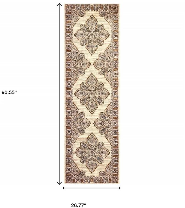 Ivory Gold Grey And Blue Oriental Power Loom Stain Resistant Runner Rug Photo 5