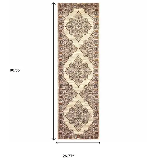 Ivory Gold Grey And Blue Oriental Power Loom Stain Resistant Runner Rug Photo 5