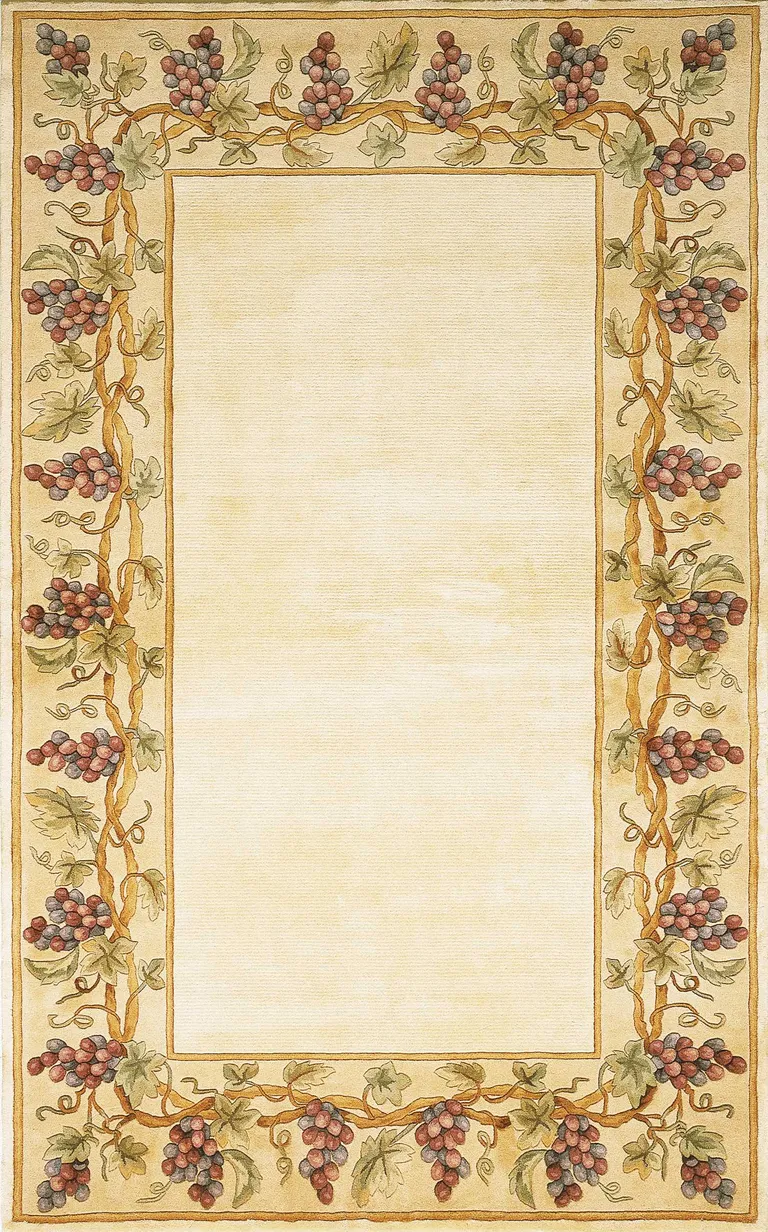 Ivory Grapes and Vines Bordered Wool Indoor Area Rug Photo 1