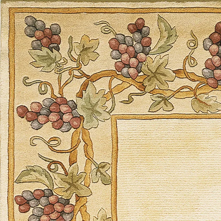 Ivory Grapes and Vines Bordered Wool Indoor Area Rug Photo 2