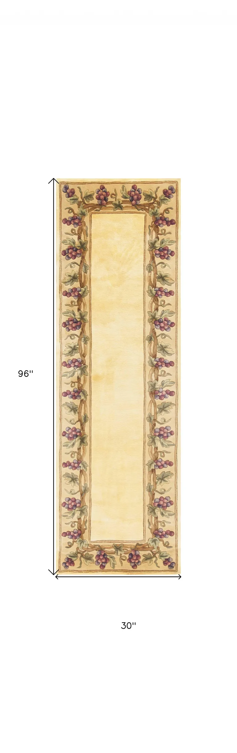 Ivory Grapes and Vines Bordered Wool Indoor Runner Rug Photo 5