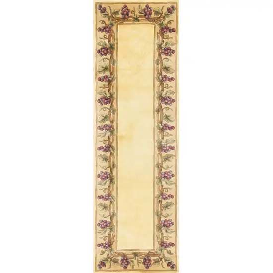 Ivory Grapes and Vines Bordered Wool Indoor Runner Rug Photo 1