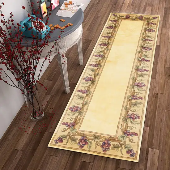 Ivory Grapes and Vines Bordered Wool Indoor Runner Rug Photo 4