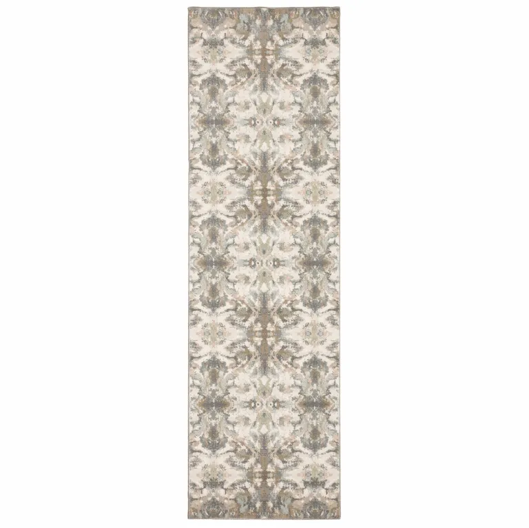 Ivory Gray Abstract Ikat Indoor Runner Rug Photo 1