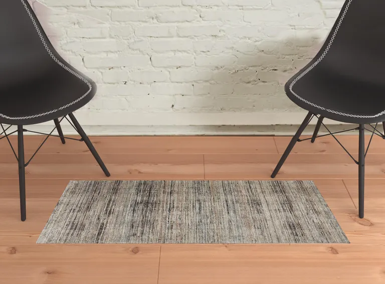 Ivory Gray And Black Abstract Distressed Area Rug With Fringe Photo 3