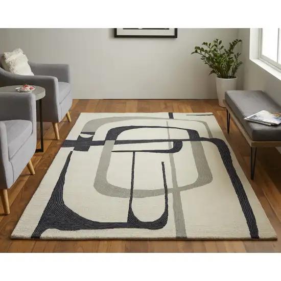 Ivory Gray And Black Wool Abstract Tufted Handmade Area Rug Photo 9