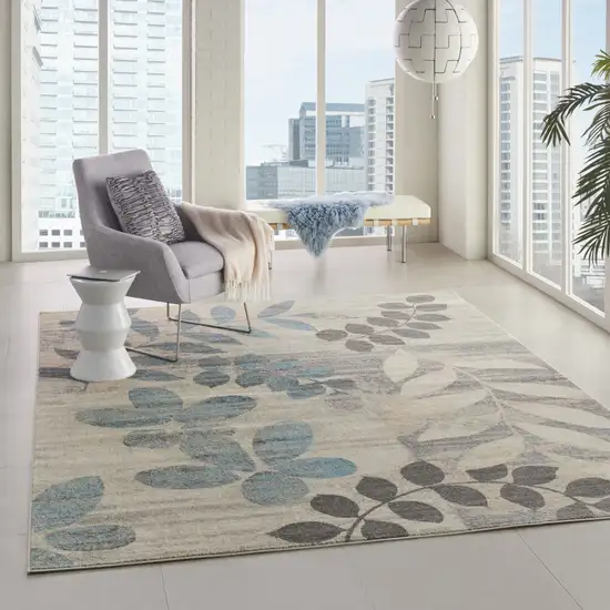 Ivory Gray And Blue Botanical Leaves Area Rug Photo 9