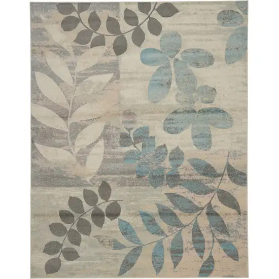 Ivory Gray And Blue Botanical Leaves Area Rug Photo 2