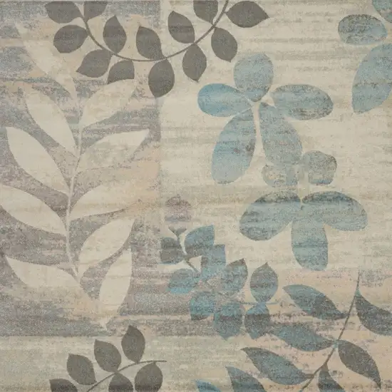 Ivory Gray And Blue Botanical Leaves Area Rug Photo 7